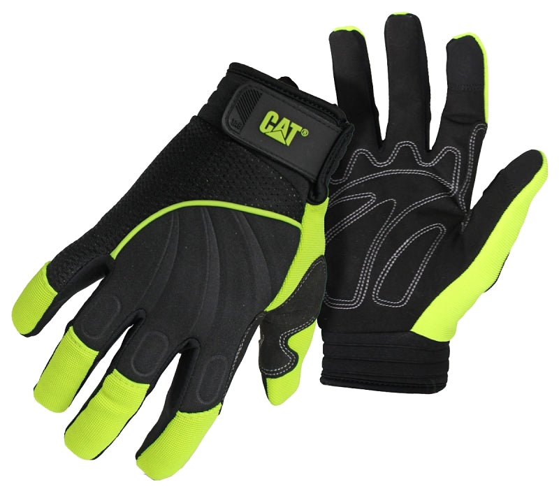 BOSS MFG Cat CAT012224-L Mechanic Gloves, Men's, L, Adjustable Wrist Cuff, Synthetic Leather, Green