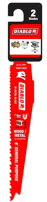 DIABLO Diablo DS0614BGP2 Reciprocating Saw Blade, Applicable Materials: Metal, Plastic, Wood, 6 in L, 8/14 TPI TOOLS DIABLO