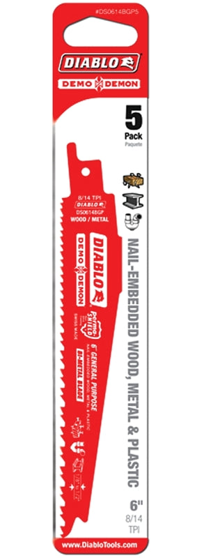 DIABLO Diablo DS0614BGP5 Reciprocating Saw Blade, 1 in W, 6 in L, 8/14 TPI, Bi-Metal Cutting Edge