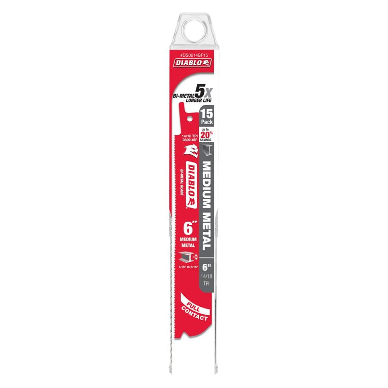 DIABLO Diablo DS0614BF15 Reciprocating Saw Blade, Bi-Metal, Applicable Materials: Medium Metal, 1 in W, 6 in L, 14, 18 TPI