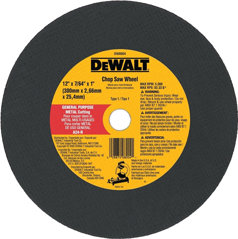 DEWALT DEWALT DW8004 Cutting Wheel, 12 in Dia, 7/64 in Thick, 1 in Arbor, Coarse, Aluminum Oxide Abrasive TOOLS DEWALT