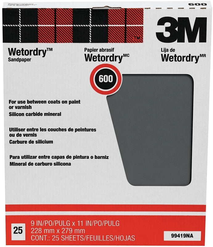 3M 3M Wetordry 99419NA Sandpaper, 11 in L, 9 in W, Super Fine, 600 Grit, Silicon Carbide Abrasive, Paper Backing