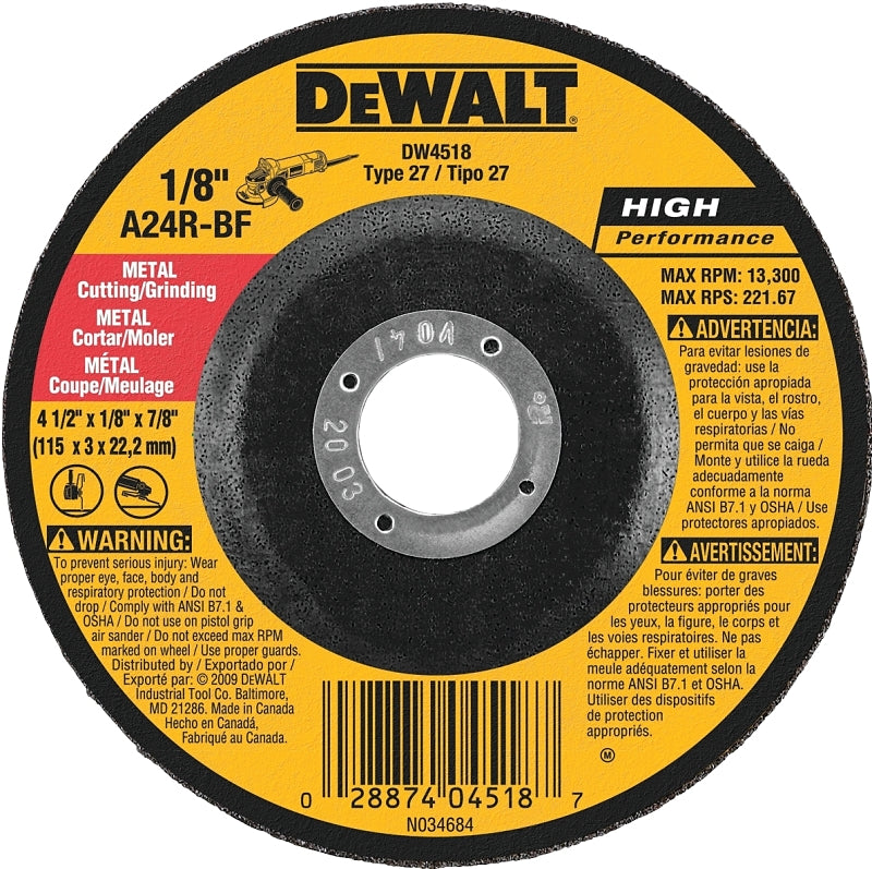 DEWALT DEWALT DW4518 Grinding Wheel, 4-1/2 in Dia, 1/8 in Thick, 7/8 in Arbor, 24 Grit, Very Coarse, Aluminum Oxide Abrasive TOOLS DEWALT