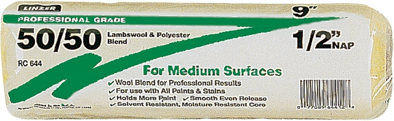 LINZER Linzer RC644 Roller Cover, 1/2 in Thick Nap, 9 in L, Lambs Wool/Polyester Cover, Brown PAINT LINZER