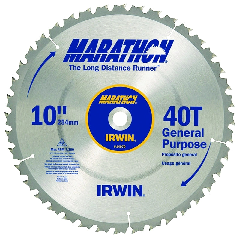 IRWIN Irwin Marathon 14070 Table Saw Blade, 10 in Dia, 5/8 in Arbor, 40-Teeth, ATB Teeth, Carbide Cutting Edge TOOLS IRWIN