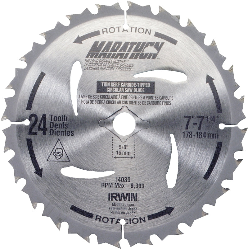 IRWIN Irwin Marathon 14030 Circular Saw Blade, 7-1/4 in Dia, 5/8 in Arbor, Carbide Cutting Edge, 24-Teeth TOOLS IRWIN