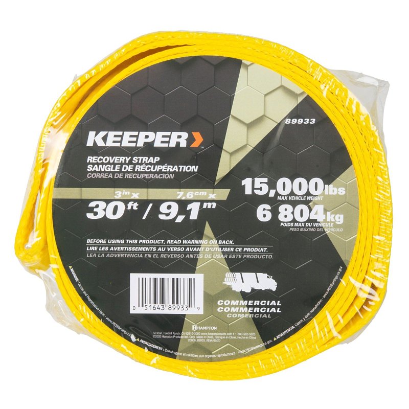 KEEPER Keeper 89933 Recovery Strap, 30,000 lb, 3 in W, 30 ft L, Yellow