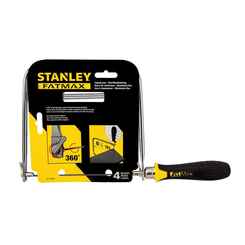 STANLEY TOOLS STANLEY 15-106A Coping Saw, 6-3/8 in L Blade, 15 TPI, HCS Blade, Cushion Grip Handle, Plastic/Rubber Handle