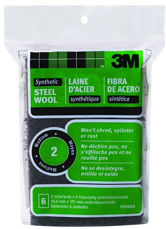 3M 3M 10116 Steel Wool, 4 in L, 2 in W, #2 Grit, Medium, Black PAINT 3M