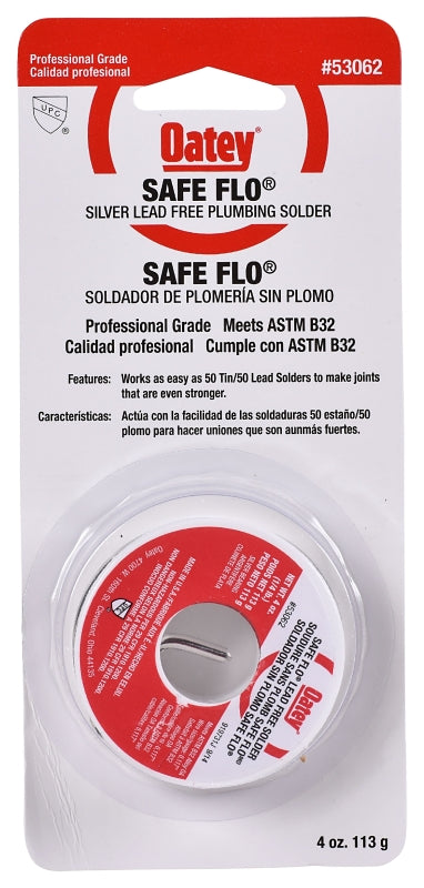 OATEY Oatey Safe-Flo 53062 Wire Solder, 1/4 lb Carded, Solid, Gray/Silver, 415 to 455 deg F Melting Point