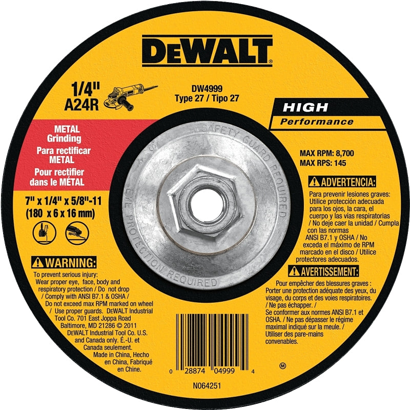 DEWALT DEWALT DW4999 Grinding Wheel, Applicable Materials: Ferrous Metal, Stainless Steel, 7 in Dia, 1/4 in Thick, 24 Grit TOOLS DEWALT