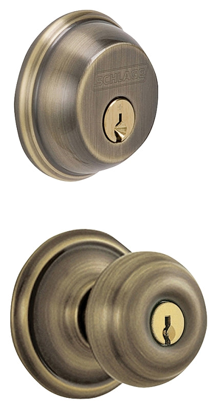 SCHLAGE LOCK Schlage FB50NVGEO609 Knob Lockset, Mechanical Lock, Knob Handle, Round Design, Antique Brass, 1 Grade, Rekeyable