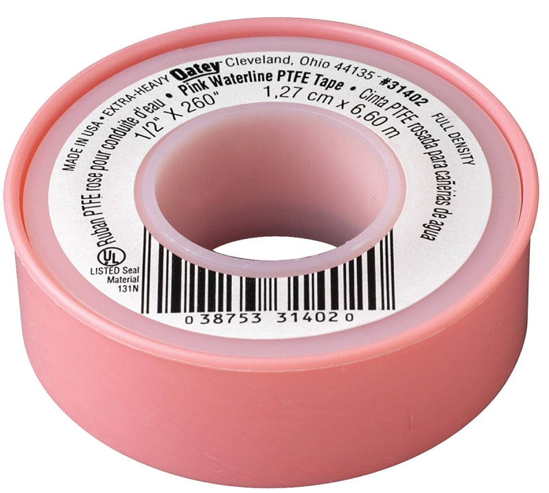 OATEY Oatey 31402D Thread Seal Tape, 260 in L, 1/2 in W, PTFE, Pink