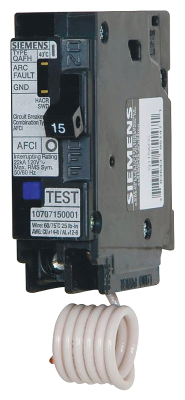 SIEMENS Siemens QA115AFC Circuit Breaker, AFCI, Combination, 15 A, 1 -Pole, 120/240 V, Fixed Trip, Plug Mounting, Black ELECTRICAL SIEMENS