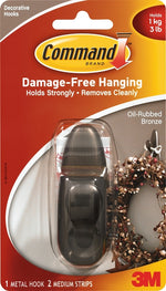 COMMAND Command Forever Classic Series FC12-ORB Decorative Hook, 11/16 in Opening, 3 lb, 1-Hook, Metal, Oil-Rubbed Bronze