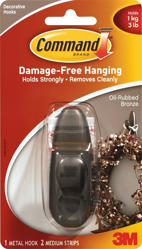 COMMAND Command Forever Classic Series FC12-ORB Decorative Hook, 11/16 in Opening, 3 lb, 1-Hook, Metal, Oil-Rubbed Bronze