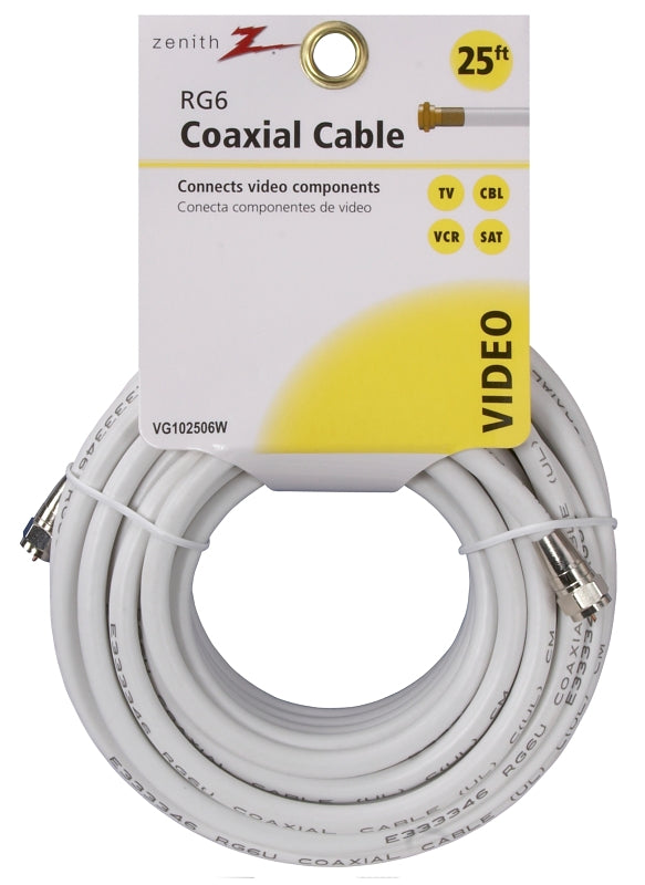 ZENITH Zenith VG102506W RG6 Coaxial Cable, F-Type, F-Type, White Sheath, 25 ft L