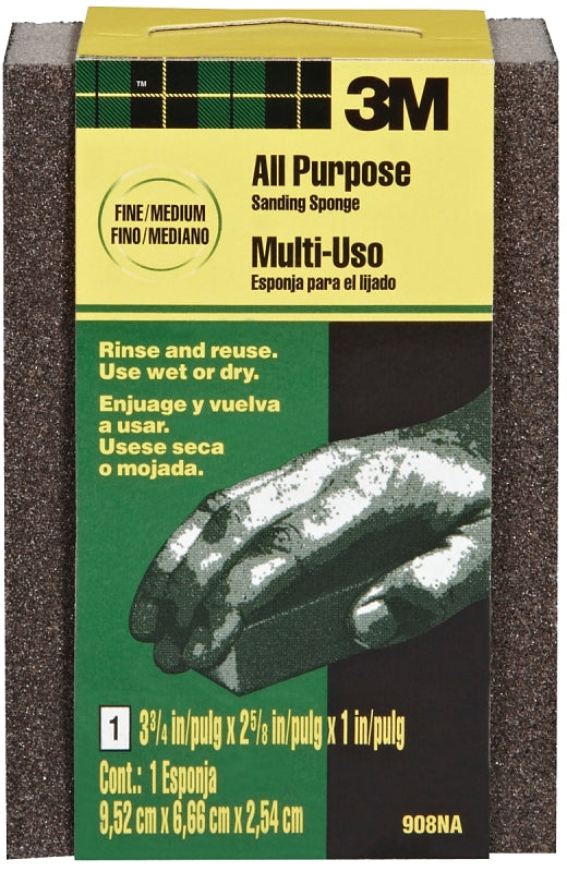 3M 3M 908 Sanding Sponge, 3-3/4 in L, 2-5/8 in W, Fine, Medium, Aluminum Oxide Abrasive PAINT 3M