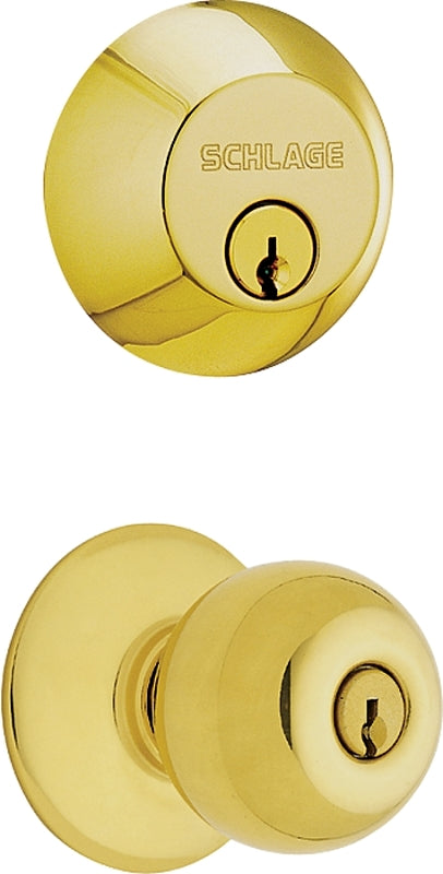 SCHLAGE LOCK Schlage FB50NVPLY505 Knob Lockset, Mechanical Lock, Knob Handle, Round Design, Bright Brass, 1 Grade, Metal
