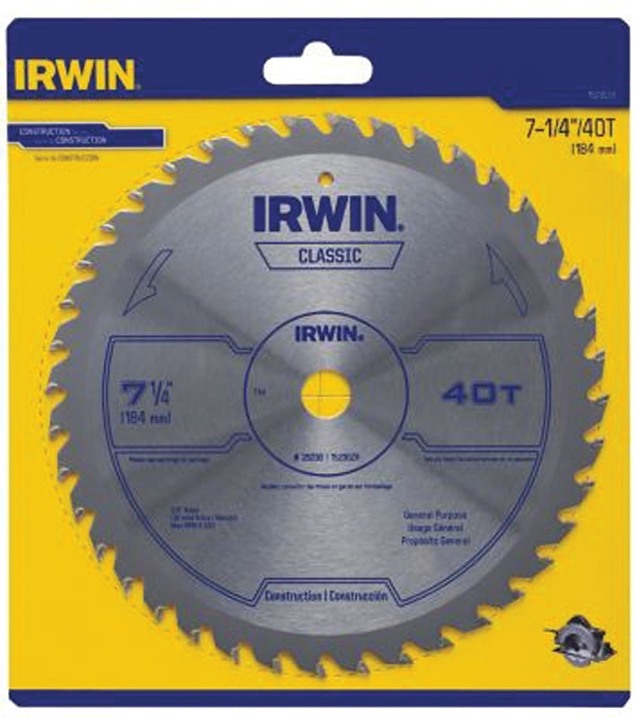 IRWIN Irwin 15230ZR Circular Saw Blade, 7-1/4 in Dia, 5/8 in Arbor, 40-Teeth, Carbide Cutting Edge, 8300 rpm TOOLS IRWIN