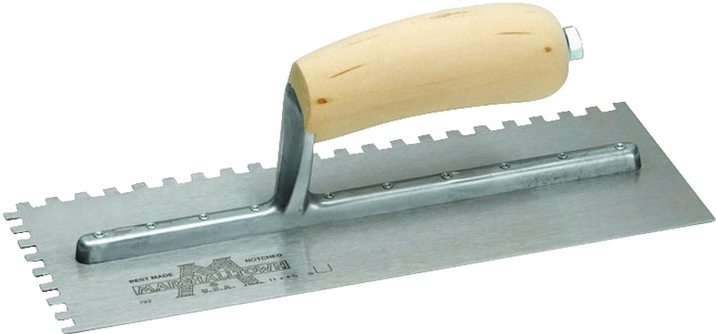 MARSHALLTOWN Marshalltown 702S Trowel, 1/4 in W x 1/4 in D Notch, 11 in L, 4-1/2 in W, Square Notch, Curved Handle, Wood Handle