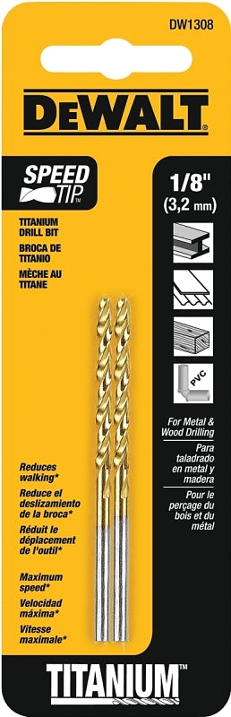 DEWALT DEWALT DW1308 Jobber Drill Bit, 1/8 in Dia, 2-3/4 in OAL, Parabolic Flute, 1/8 in Dia Shank, Straight Shank
