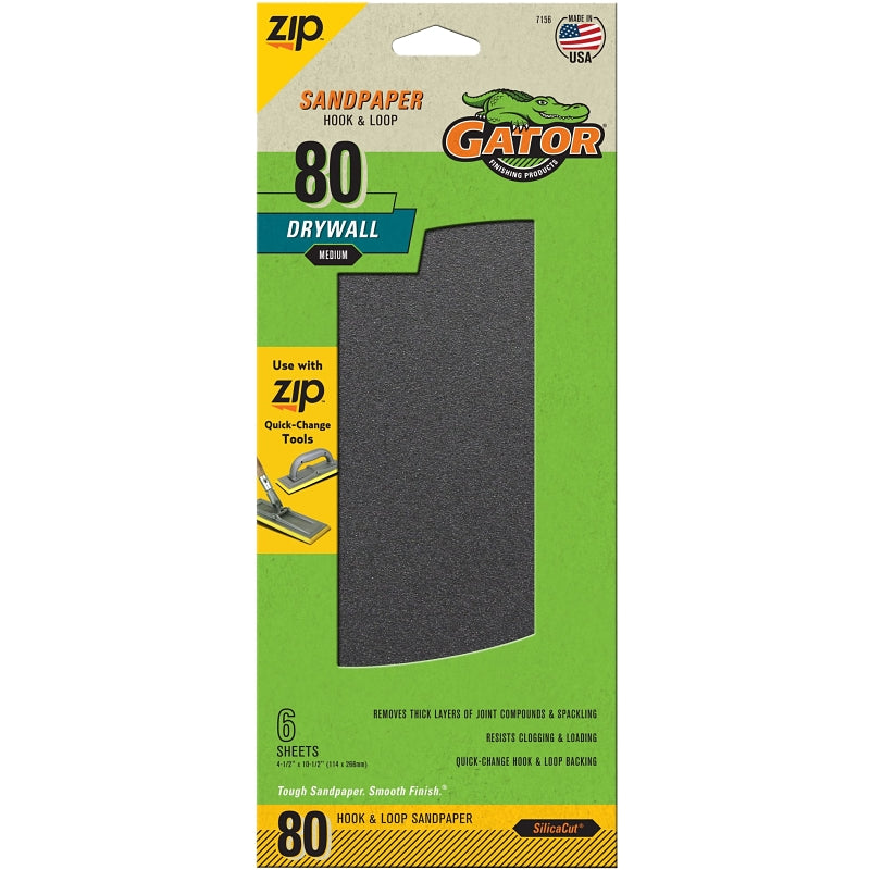 GATOR Gator Zip 7156 Sanding Sheet, 10-1/2 in L, 4-1/2 in W, 80 Grit, Medium, Silicon Carbide Abrasive PAINT GATOR