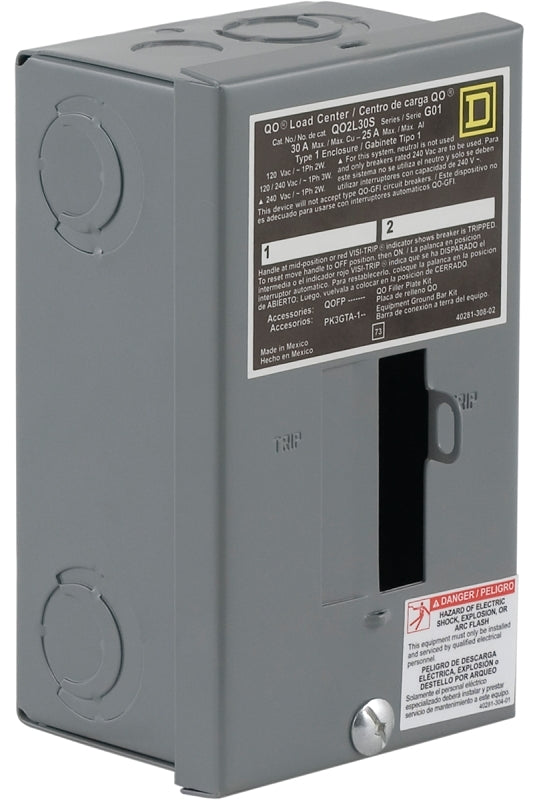 SQUARE D Square D QO QO2L30SCP Load Center, 30 A, 2 -Space, 2 -Circuit, Main Lug, NEMA 1 Enclosure, Plug Mounting, Gray