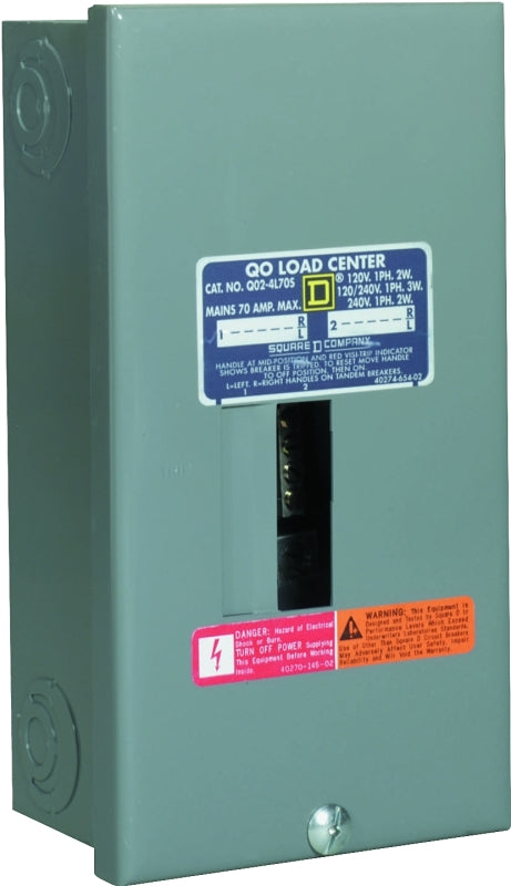 SQUARE D Square D QO QO24L70SCP Load Center, 70 A, 2 -Space, 4 -Circuit, Main Lug, NEMA 1 Enclosure, Plug Mounting, Gray