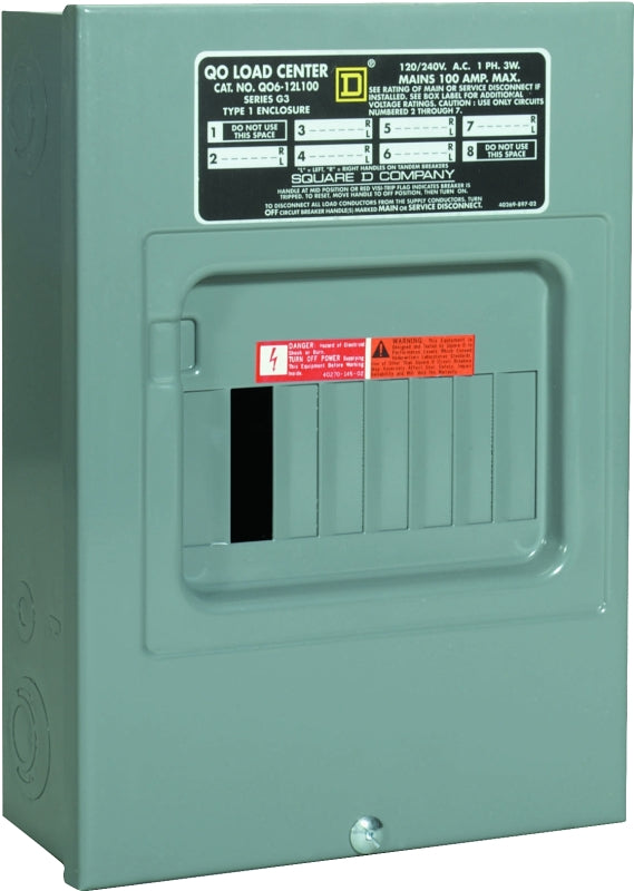 SQUARE D Square D QO QO612L100SCP Load Center, 100 A, 6-Space, 12-Circuit, Main Lug, NEMA 1 Enclosure, Gray, Plug