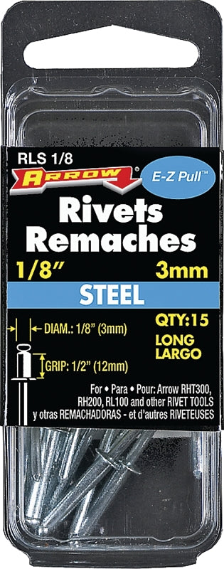 ARROW Arrow RLS1/8 Pop Rivet, Long, 1/2 in Grip, 1/2 in L, Steel, 15/PK TOOLS ARROW