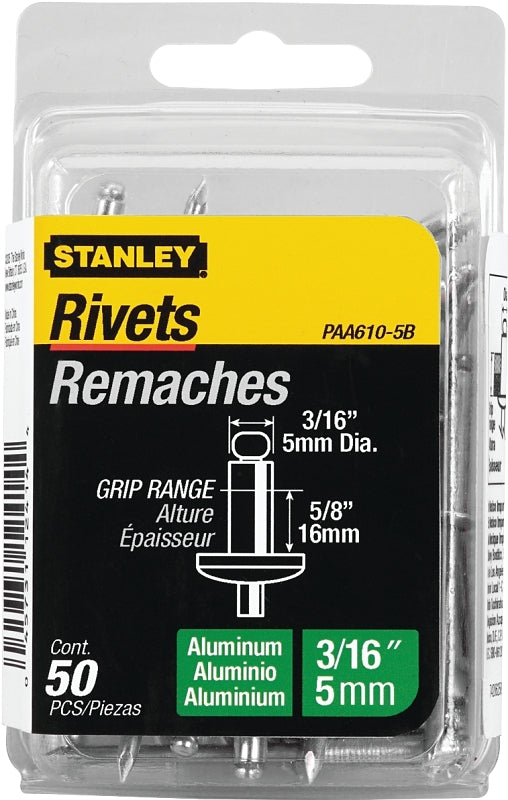 STANLEY STANLEY PAA610-5B Pop Rivet, Reusable, 5/8 in Grip, 3/16, Aluminum, 50/PK