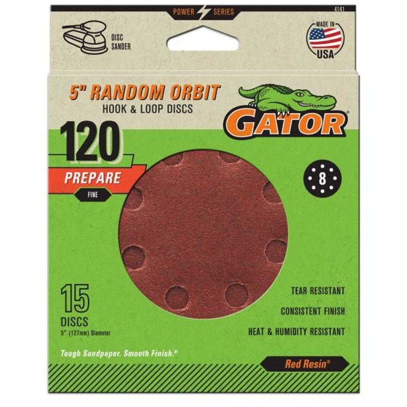 GATOR Gator 4141 Sanding Disc, 5 in Dia, 120 Grit, Fine, Aluminum Oxide Abrasive, Vented, 15/PK TOOLS GATOR
