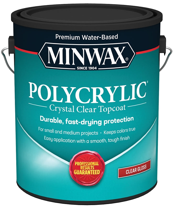 MINWAX Minwax Polycrylic 15555000 Waterbased Polyurethane, Gloss, Liquid, Crystal Clear, 1 gal, Can