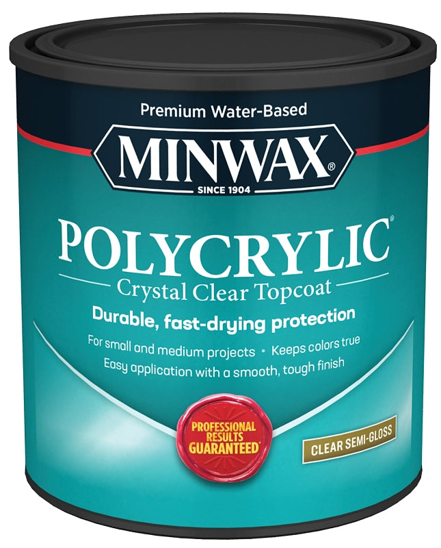 MINWAX Minwax Polycrylic 64444444 Polyurethane, Semi-Gloss, Liquid, Crystal Clear, 1 qt Can