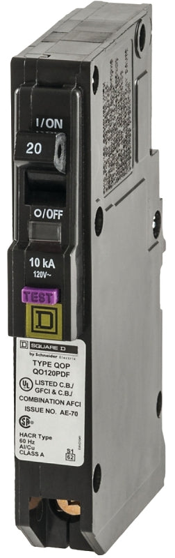 SQUARE D Square D QO120PDFC Circuit Breaker, CAFCI, Mini, 20 A, Plug, 1-Pole, 120 V
