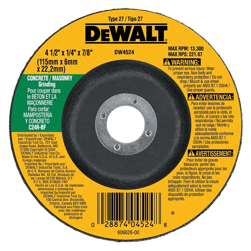 DEWALT DEWALT DW4524 Grinding Wheel, 4-1/2 in Dia, 1/4 in Thick, 7/8 in Arbor, 24 Grit, Very Coarse, Silicon Carbide Abrasive TOOLS DEWALT