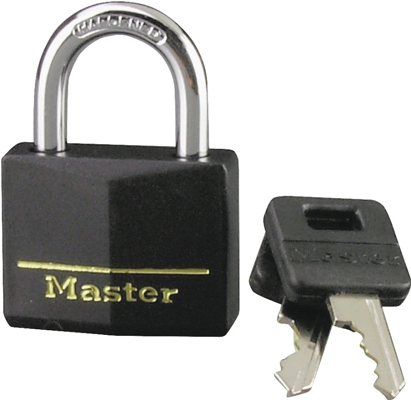 MASTER LOCK Master Lock 141D Padlock, 1-9/16 in W Body, Keyed Different Key, 1/4 in Dia Shackle, Steel Shackle, Brass Body, Black