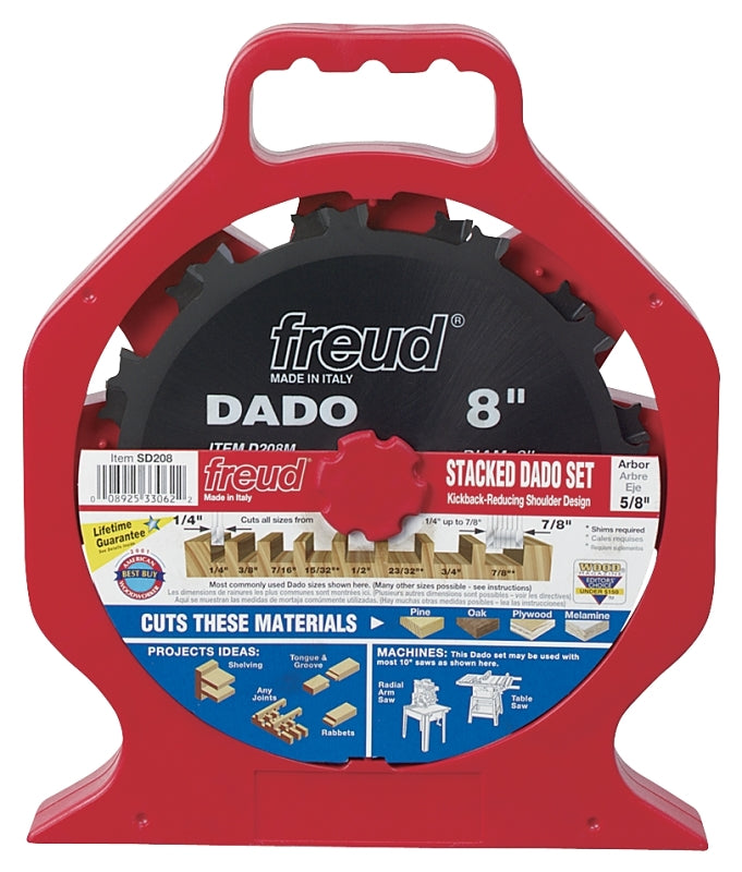FREUD Freud SD208S Dado Blade Set, 8 in Dia, 5/8 in Arbor, 12-Teeth, Carbide Cutting Edge