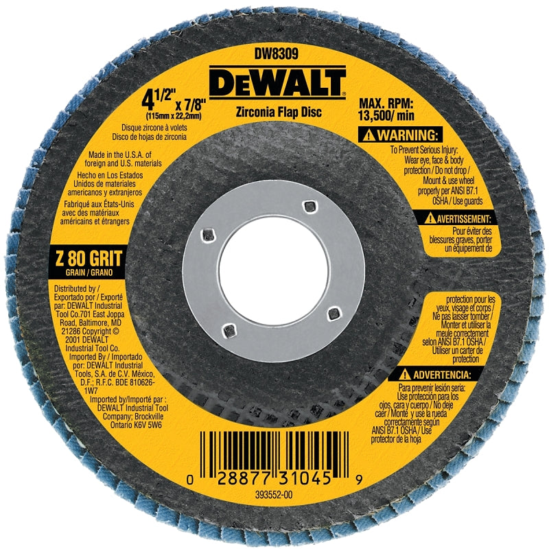 DEWALT DEWALT DW8309 Flap Disc, 4-1/2 in Dia, 7/8 in Arbor, Coated, 80 Grit, Medium, Zirconia Abrasive, Fiberglass Backing TOOLS DEWALT