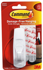 COMMAND Command 17003 Utility Hook, 7/8 in Opening, 5 lb, 1-Hook, Plastic, White