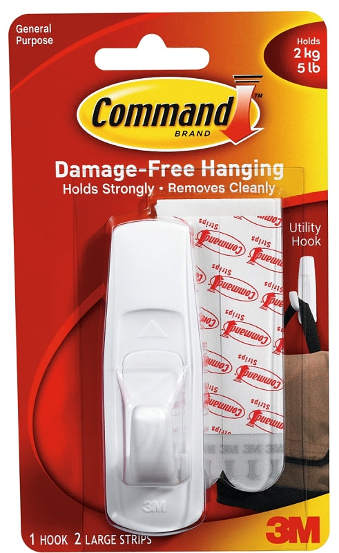 COMMAND Command 17003 Utility Hook, 7/8 in Opening, 5 lb, 1-Hook, Plastic, White