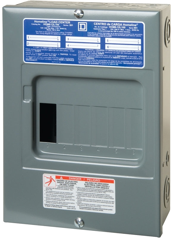 SQUARE D Square D Homeline HOM612L100SCP Load Center, 100 A, 6-Space, 12-Circuit, Main Lug, NEMA 1 Enclosure, Plug, Gray