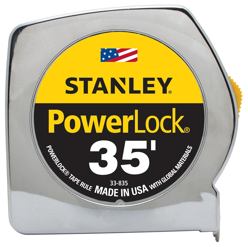 STANLEY STANLEY PowerLock 33-835 Tape Measure, 35 ft L Blade, 1 in W Blade, Steel Blade, ABS Case, Chrome Case