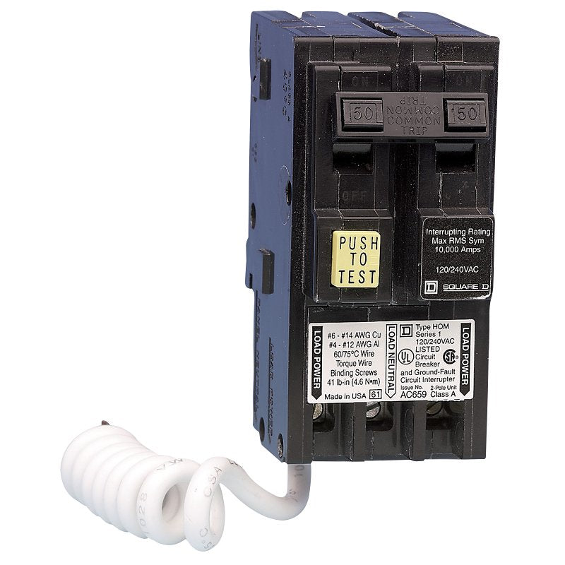SQUARE D Square D Homeline HOM250GFICP Circuit Breaker, GFCI, Mini, 50 A, 2 -Pole, 120/240 V, Fixed Trip, Plug Mounting