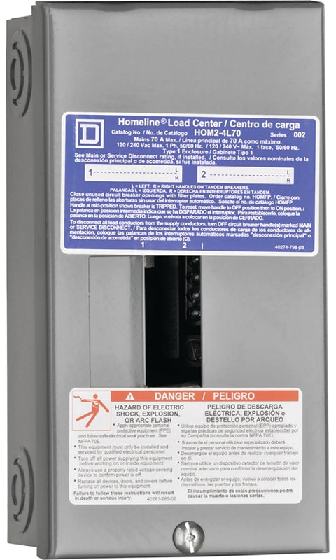 SQUARE D Square D Homeline HOM24L70SCP Load Center, 70 A, 2-Space, 4-Circuit, Main Lug, NEMA 1 Enclosure, Gray, Plug