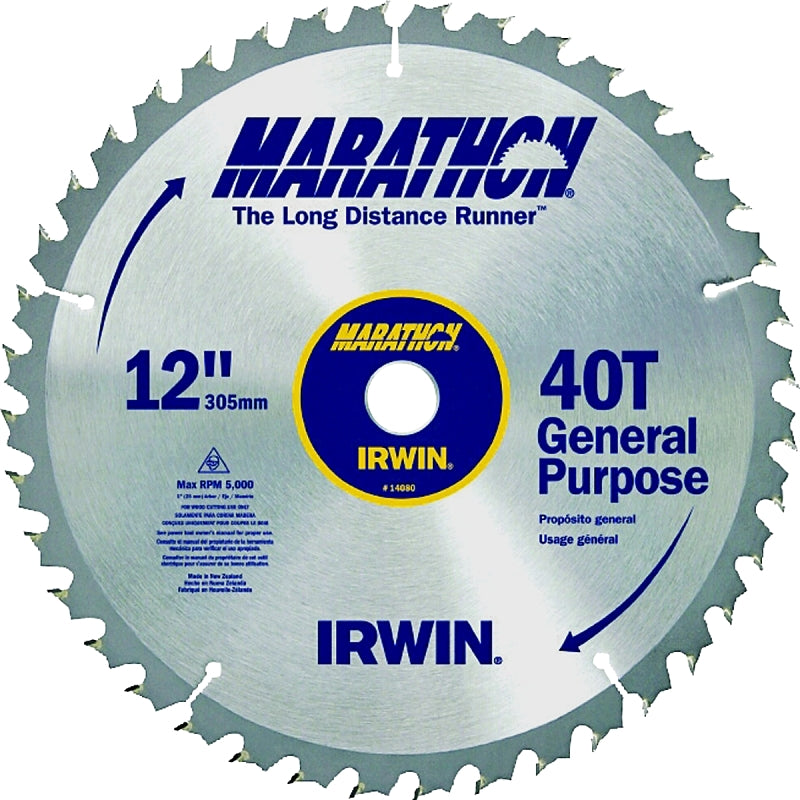 IRWIN Irwin Marathon 14080 Table Saw Blade, 12 in Dia, 1 in Arbor, 40-Teeth, Carbide Cutting Edge TOOLS IRWIN