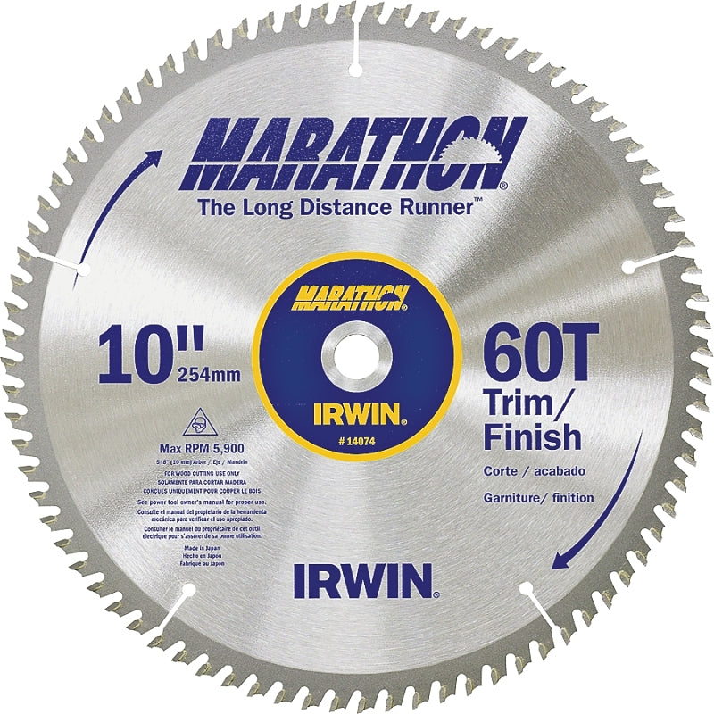 IRWIN Irwin Marathon 14074 Table Saw Blade, 10 in Dia, 5/8 in Arbor, 60-Teeth, Carbide Cutting Edge TOOLS IRWIN