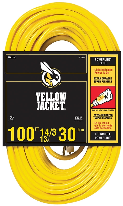 YELLOW JACKET CCI 2888 Extension Cord, 14 AWG Cable, 100 ft L, 13 A, 125 V, Yellow