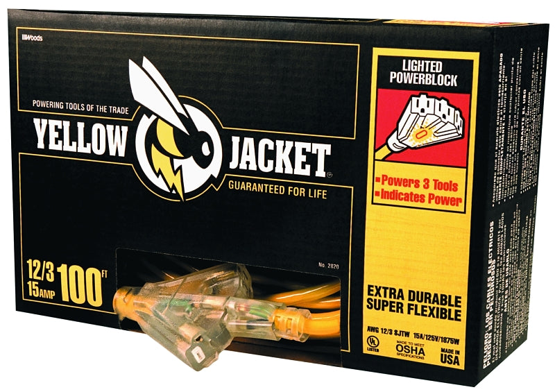 WOODS CCI 2820 Power Block, 100 ft L, 3 -Outlet, 15 A, 125 V, Yellow Sheath
